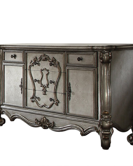 70" Platinum Carved Scrollwork Wood And Polyresin Five Drawer Triple Dresser