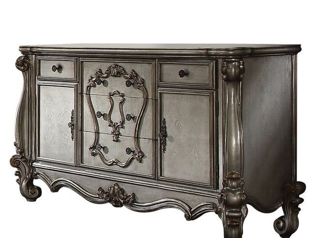 70" Platinum Carved Scrollwork Wood And Polyresin Five Drawer Triple Dresser