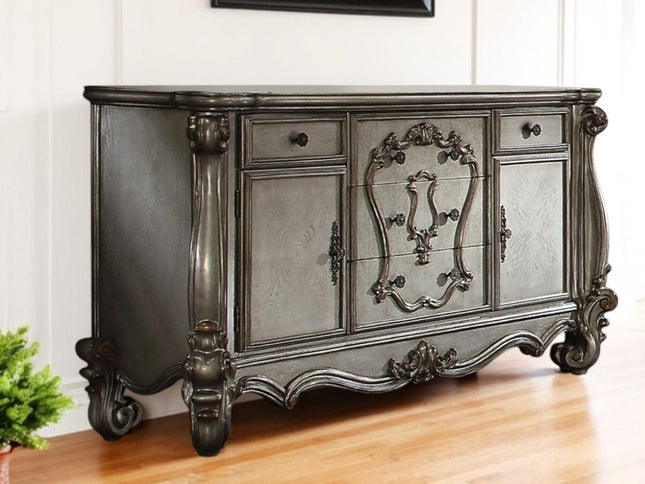 70" Platinum Carved Scrollwork Wood And Polyresin Five Drawer Triple Dresser