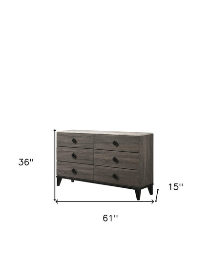 61" Gray Solid and Manufactured Wood Six Drawer Double Dresser