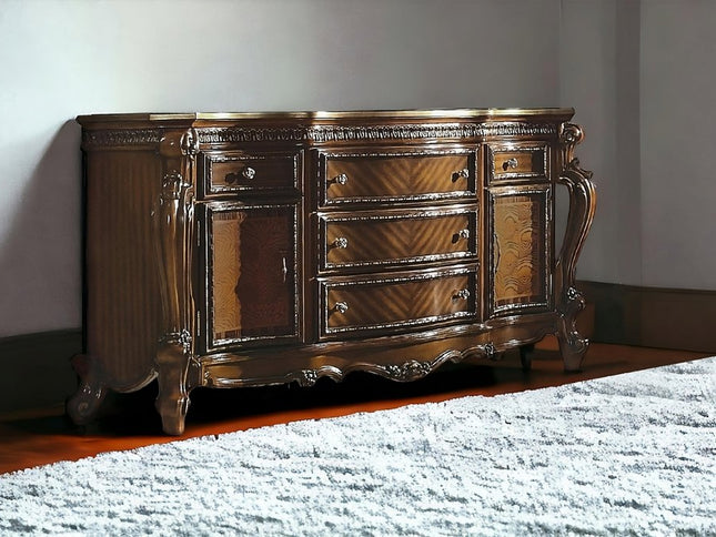 69" Brown Solid and Manufactured Wood Five Drawer Triple Dresser