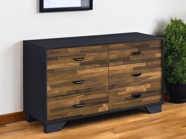 47" Walnut Black And Finish Manufactured Wood Six Drawer Double Dresser