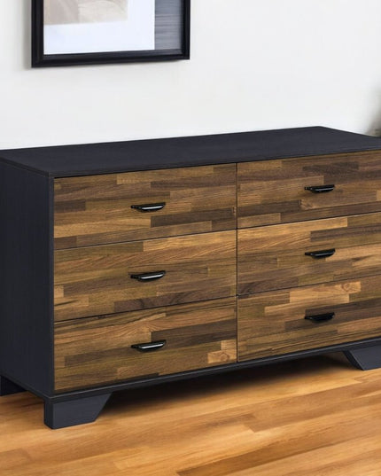 47" Walnut Black And Finish Manufactured Wood Six Drawer Double Dresser