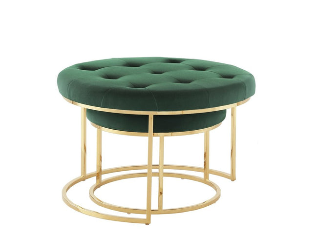 Set of Two Green Velvet and Gold Tufted Round Ottoman