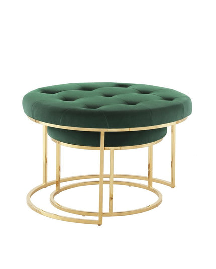 Set of Two Green Velvet and Gold Tufted Round Ottoman