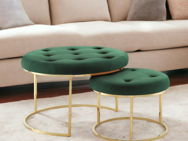 Set of Two Green Velvet and Gold Tufted Round Ottoman
