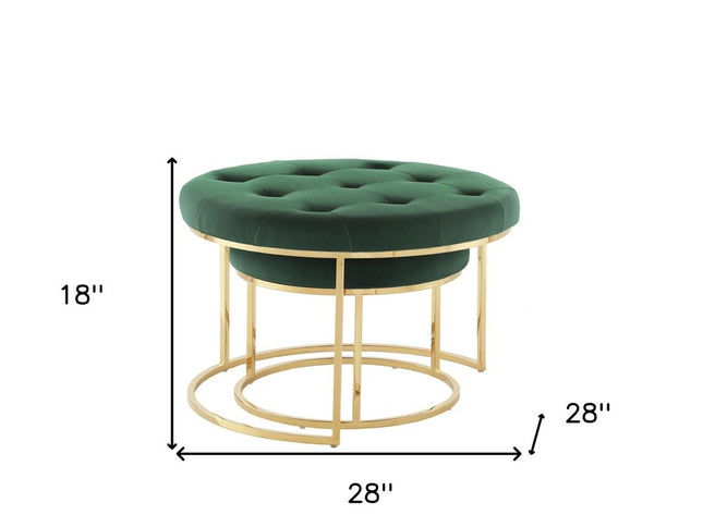 Set of Two Green Velvet and Gold Tufted Round Ottoman