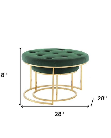 Set of Two Green Velvet and Gold Tufted Round Ottoman