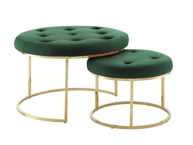 Set of Two Green Velvet and Gold Tufted Round Ottoman