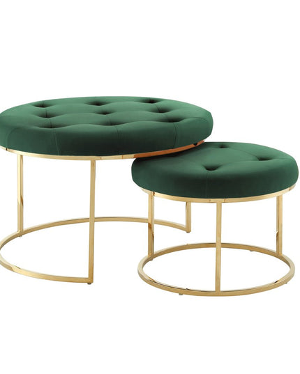 Set of Two Green Velvet and Gold Tufted Round Ottoman