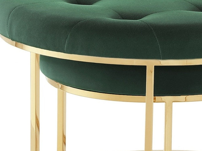 Set of Two Green Velvet and Gold Tufted Round Ottoman
