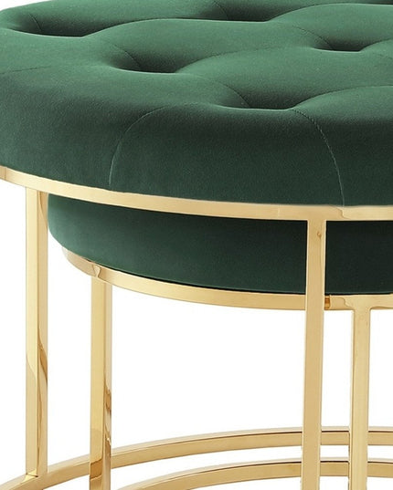 Set of Two Green Velvet and Gold Tufted Round Ottoman