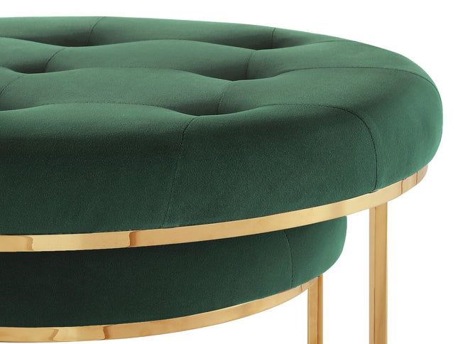 Set of Two Green Velvet and Gold Tufted Round Ottoman