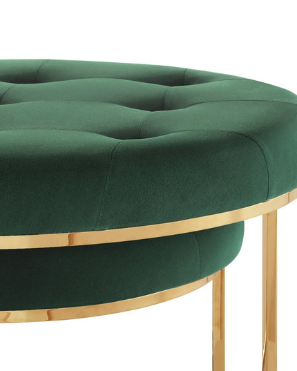 Set of Two Green Velvet and Gold Tufted Round Ottoman