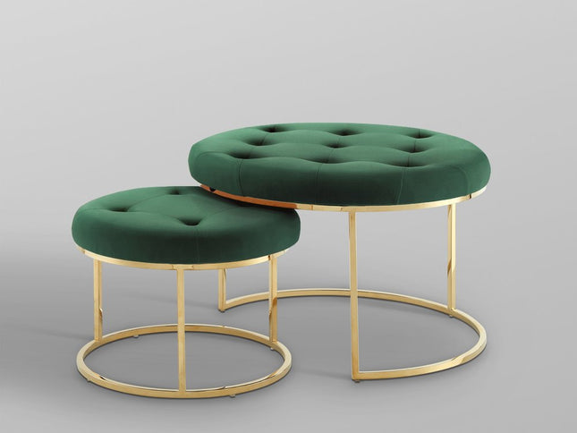 Set of Two Green Velvet and Gold Tufted Round Ottoman