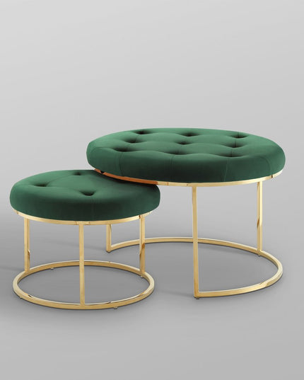 Set of Two Green Velvet and Gold Tufted Round Ottoman