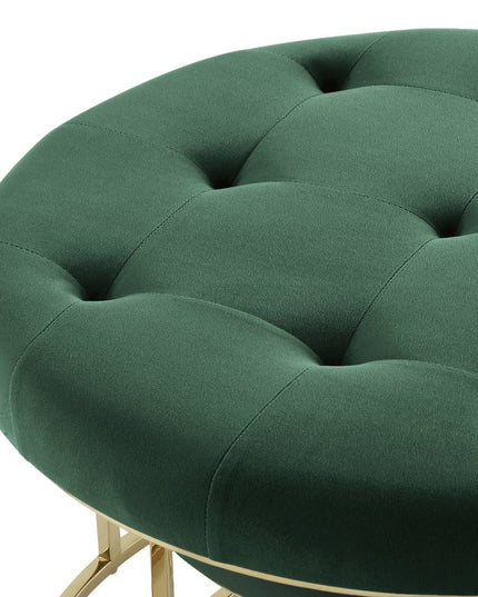 Set of Two Green Velvet and Gold Tufted Round Ottoman