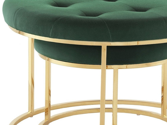 Set of Two Green Velvet and Gold Tufted Round Ottoman