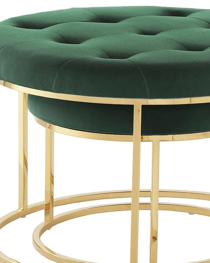 Set of Two Green Velvet and Gold Tufted Round Ottoman
