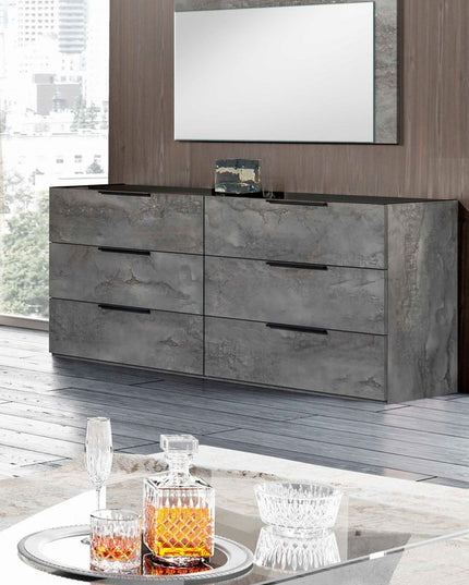 61" Grey Faux Marble Solid Manufactured Wood Six Drawer Double Dresser