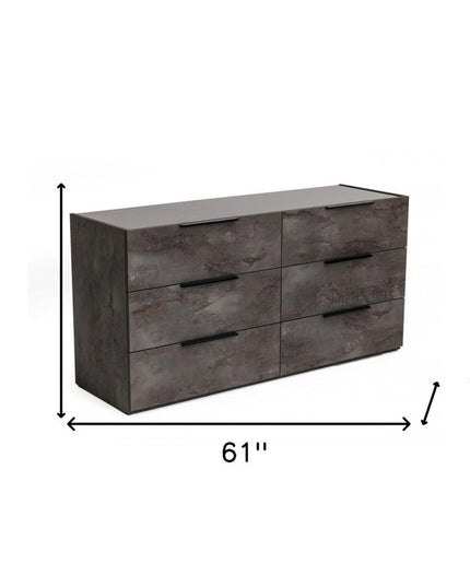 61" Grey Faux Marble Solid Manufactured Wood Six Drawer Double Dresser