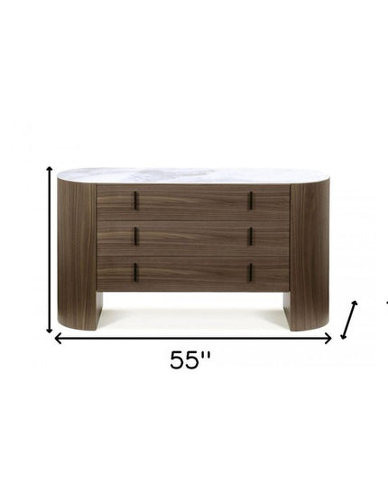 55" Walnut Marble Solid And Manufactured Wood Three Drawer Dresser