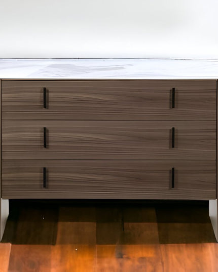 55" Walnut Marble Solid And Manufactured Wood Three Drawer Dresser