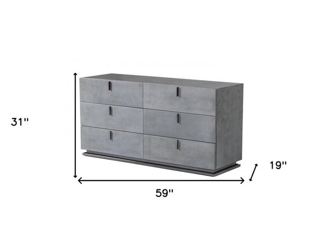 59" Gunmetal Grey Crackle Finish Six Drawer Double Dresser