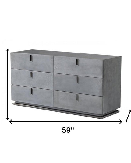 59" Gunmetal Grey Crackle Finish Six Drawer Double Dresser