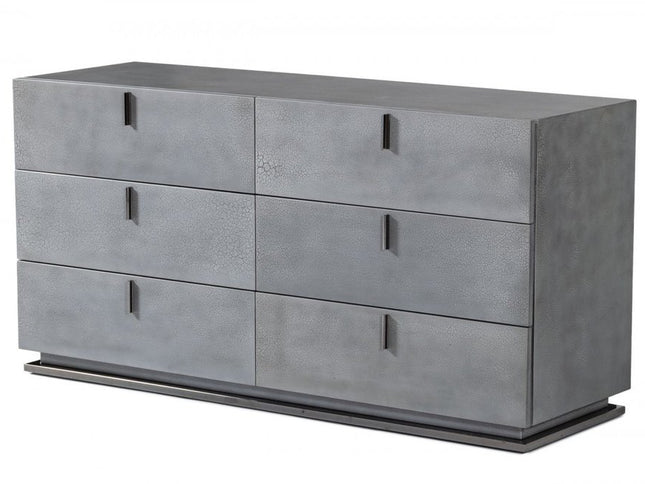 59" Gunmetal Grey Crackle Finish Six Drawer Double Dresser