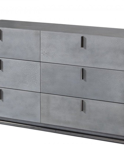 59" Gunmetal Grey Crackle Finish Six Drawer Double Dresser