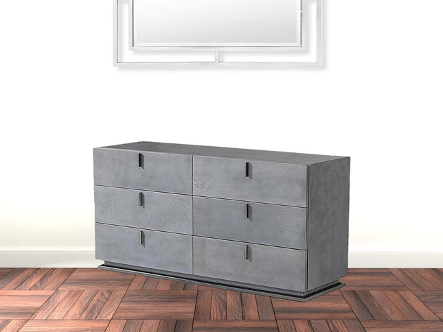 59" Gunmetal Grey Crackle Finish Six Drawer Double Dresser