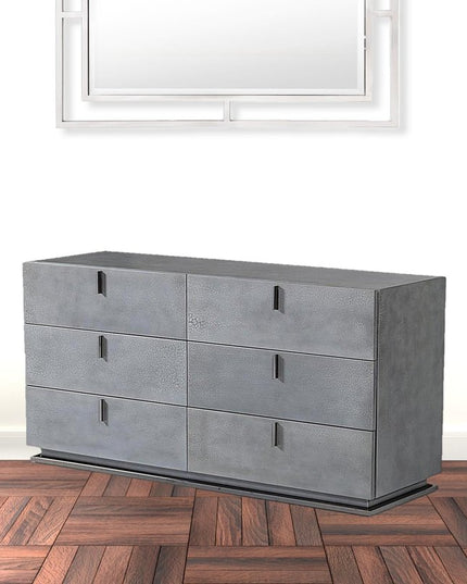 59" Gunmetal Grey Crackle Finish Six Drawer Double Dresser