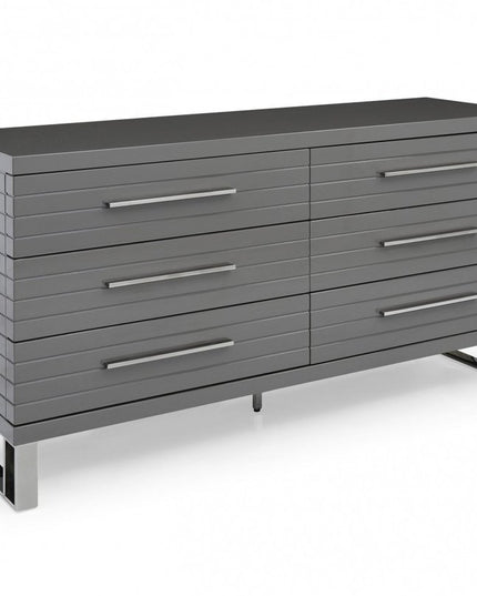 59" Grey Solid And Manufactured Wood Six Drawer Dresser