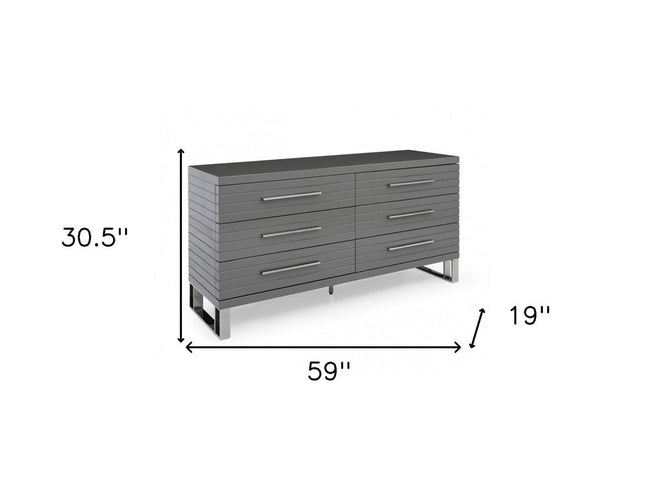 59" Grey Solid And Manufactured Wood Six Drawer Dresser