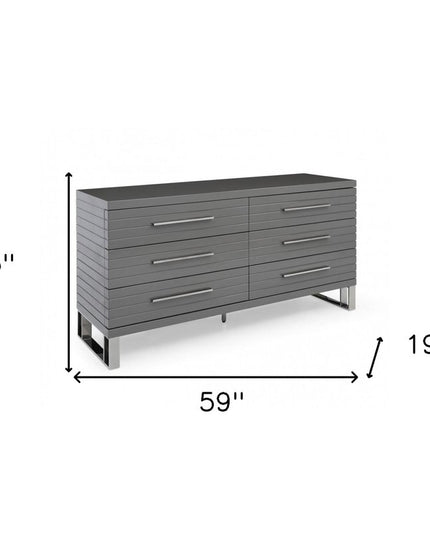 59" Grey Solid And Manufactured Wood Six Drawer Dresser