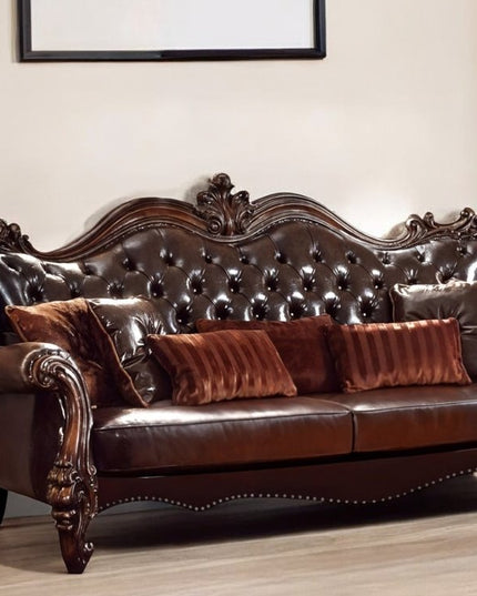 93" Brown Faux Leather Sofa And Toss Pillows With Burgundy Legs
