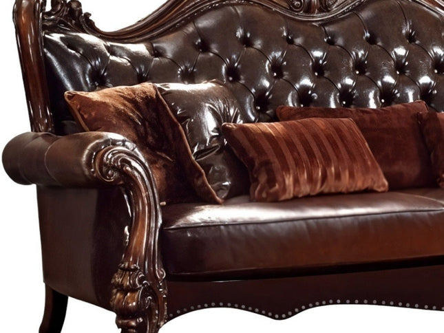 93" Brown Faux Leather Sofa And Toss Pillows With Burgundy Legs