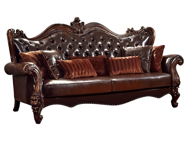 93" Brown Faux Leather Sofa And Toss Pillows With Burgundy Legs