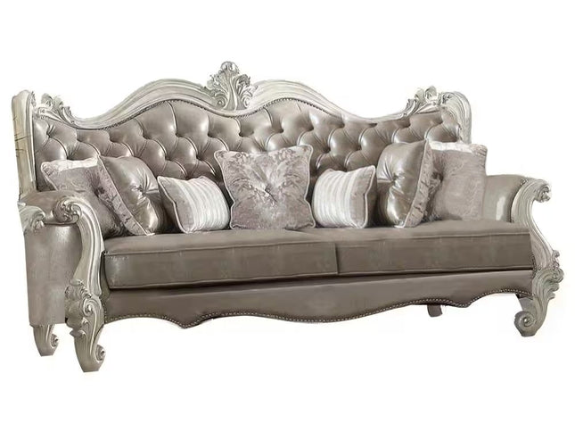 90" Gray Faux Leather Curved Sofa And Toss Pillows With Bone Legs