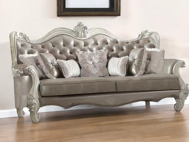90" Gray Faux Leather Curved Sofa And Toss Pillows With Bone Legs