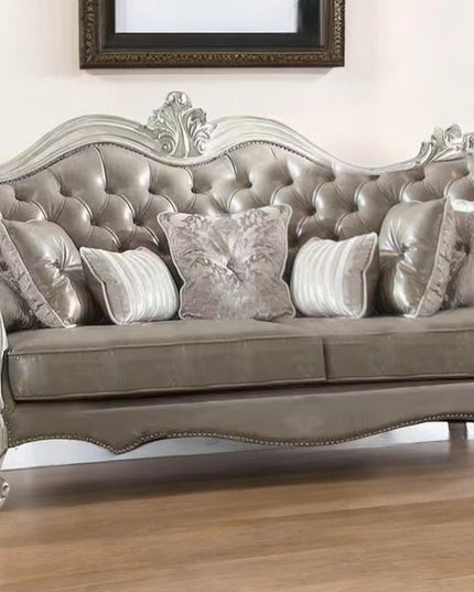 90" Gray Faux Leather Curved Sofa And Toss Pillows With Bone Legs