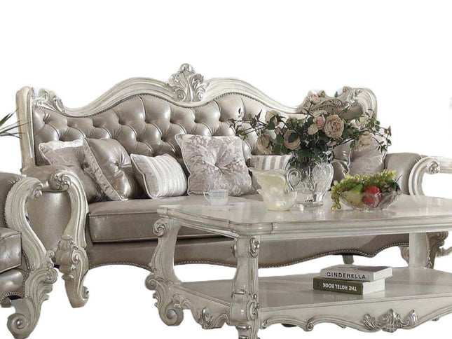 90" Gray Faux Leather Curved Sofa And Toss Pillows With Bone Legs