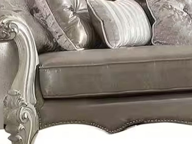 90" Gray Faux Leather Curved Sofa And Toss Pillows With Bone Legs