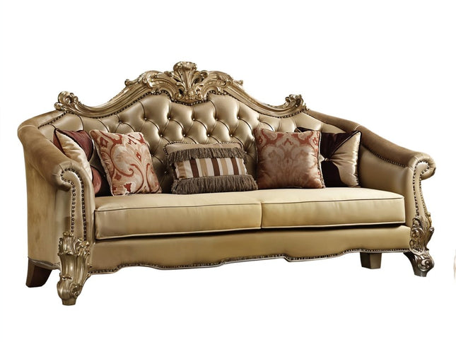 89" Bone Faux Leather Sofa And Toss Pillows With Gold Legs