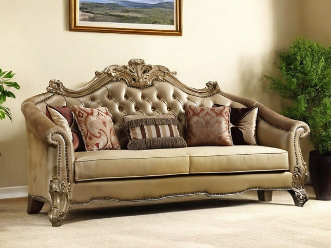 89" Bone Faux Leather Sofa And Toss Pillows With Gold Legs