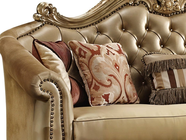 89" Bone Faux Leather Sofa And Toss Pillows With Gold Legs