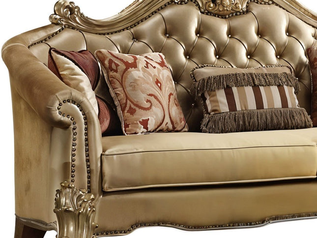 89" Bone Faux Leather Sofa And Toss Pillows With Gold Legs