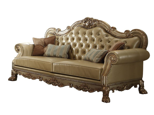 85" Bone Faux Leather Wood Sofa With Toss Pillows