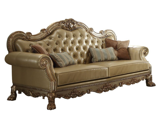 85" Bone Faux Leather Wood Sofa With Toss Pillows